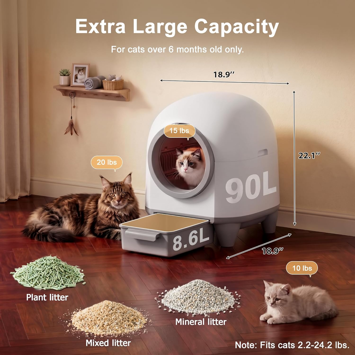 Greesum UltraSmart AutoClean Litter Box - 90L Large Capacity for Multi-Cat Households with Safeguard Tech
